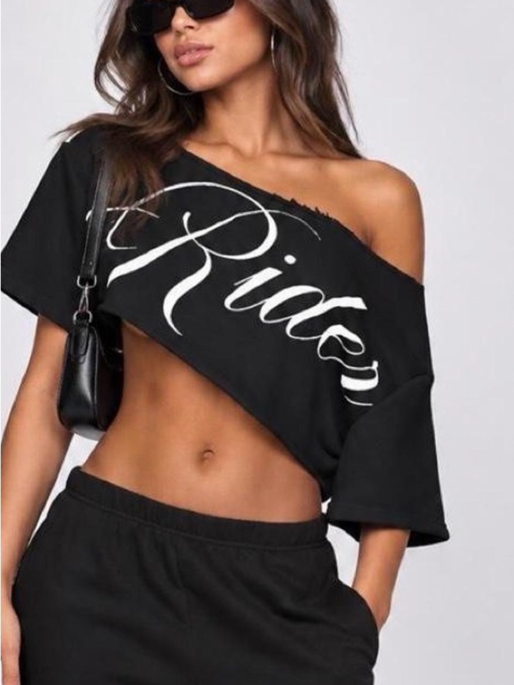 Black Off-Shoulder Crop Top with Script Print